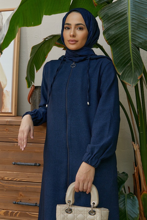 Kapşonlu Fermuarlı Kap - Lacivert