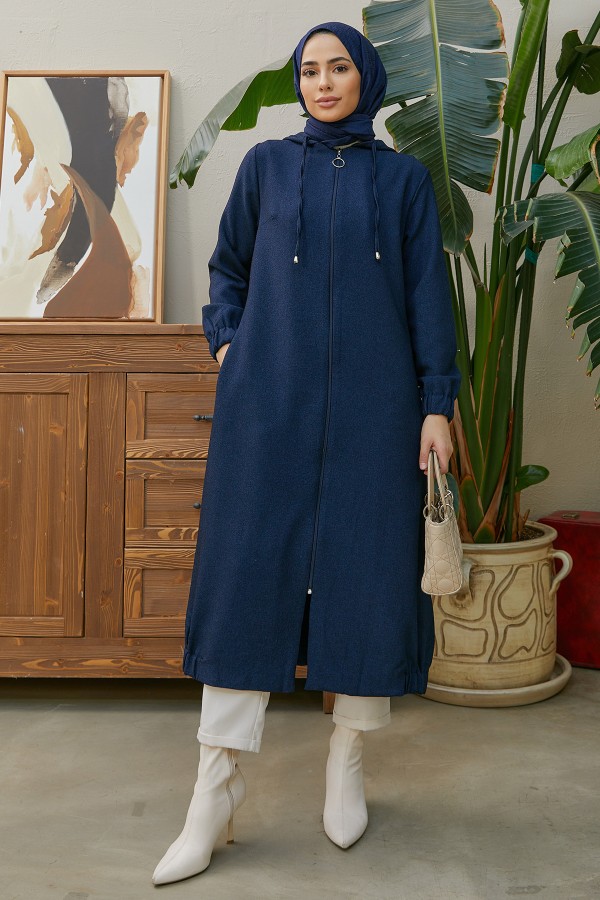 Kapşonlu Fermuarlı Kap - Lacivert