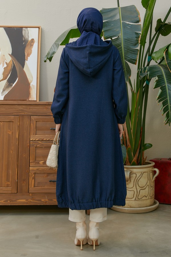 Kapşonlu Fermuarlı Kap - Lacivert