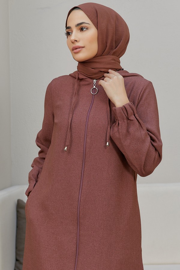 Kapşonlu Fermuarlı Kap - Gül Kurusu