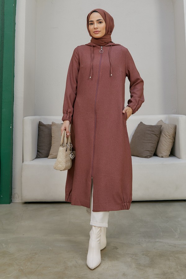 Kapşonlu Fermuarlı Kap - Gül Kurusu