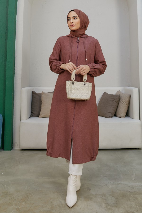 Kapşonlu Fermuarlı Kap - Gül Kurusu