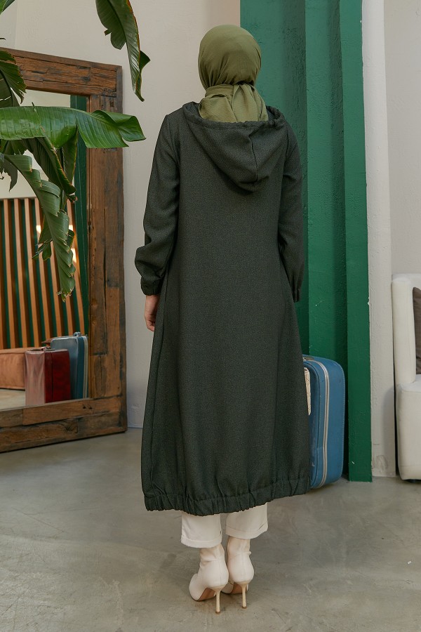 Kapşonlu Fermuarlı Kap - Haki