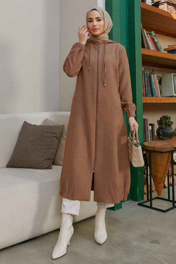 Kapşonlu Fermuarlı Kap - Camel
