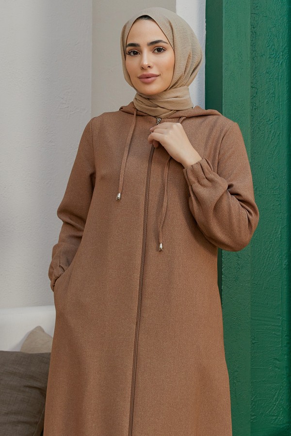 Kapşonlu Fermuarlı Kap - Camel