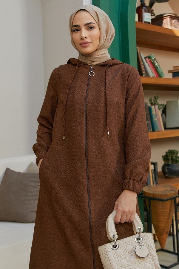 Kapşonlu Fermuarlı Kap - Kahve