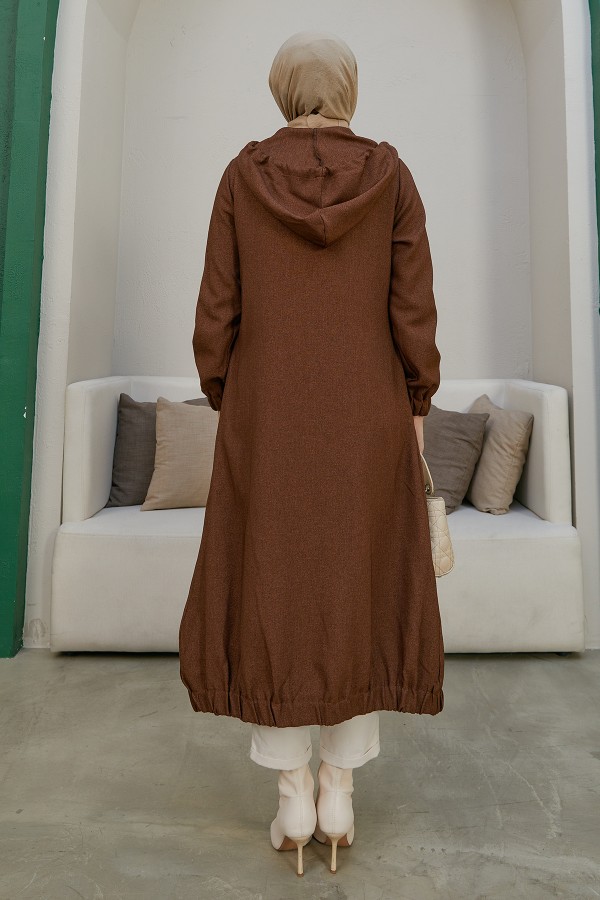 Kapşonlu Fermuarlı Kap - Kahve