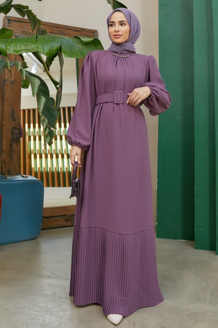 Etek Ucu Pileli Elbise - Leylak