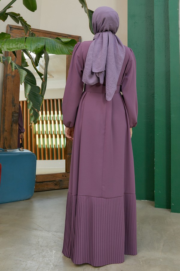 Etek Ucu Pileli Elbise - Leylak