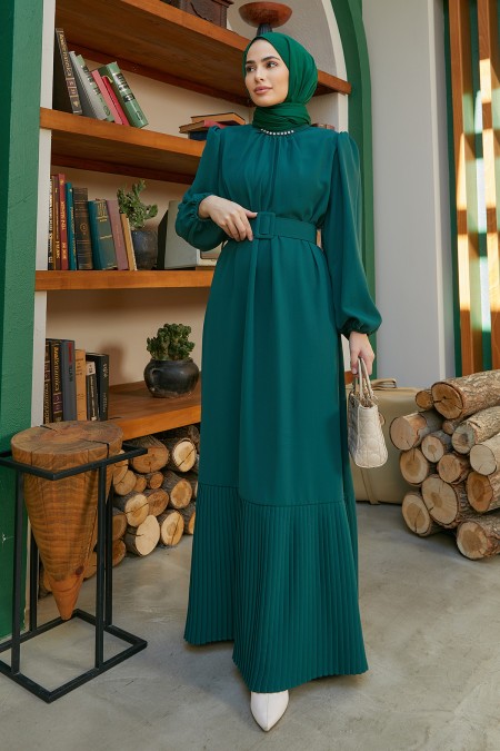 Etek Ucu Pileli Elbise - Zümrüt