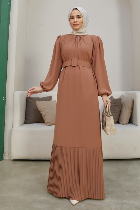 Etek Ucu Pileli Elbise - Camel