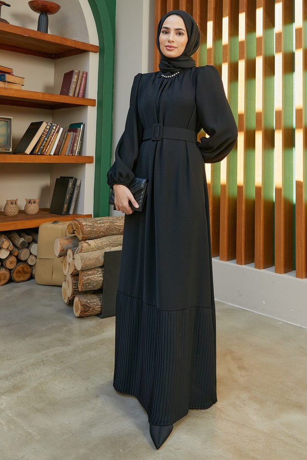 Etek Ucu Pileli Elbise - Siyah