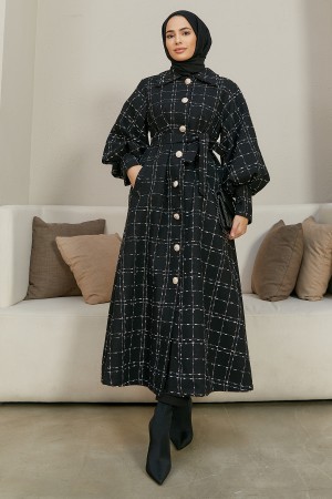 Balloon Sleeve Coat - Black Ecru Striped