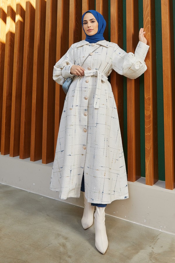 Balloon Sleeve Coat - Ecru Blue Striped