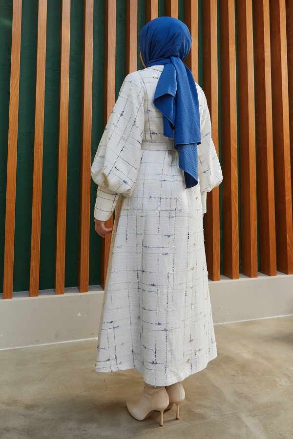 Balloon Sleeve Coat - Ecru Blue Striped