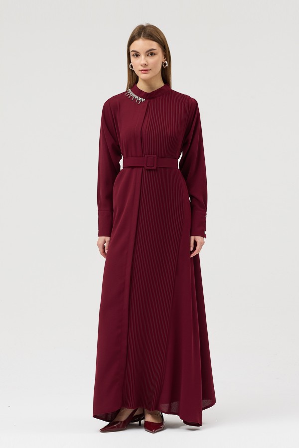Pleated Belted Dress - Burgundy