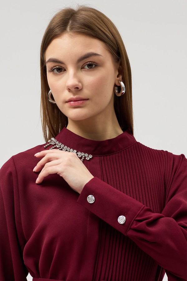 Pleated Belted Dress - Burgundy