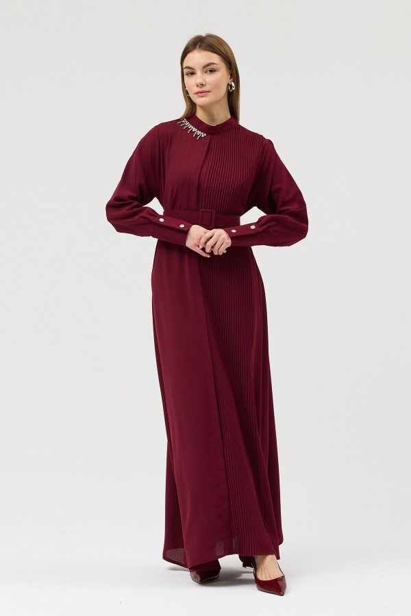 Pleated Belted Dress - Burgundy