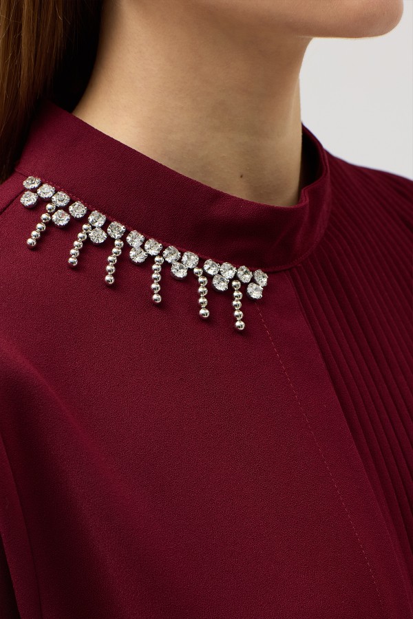 Pleated Belted Dress - Burgundy