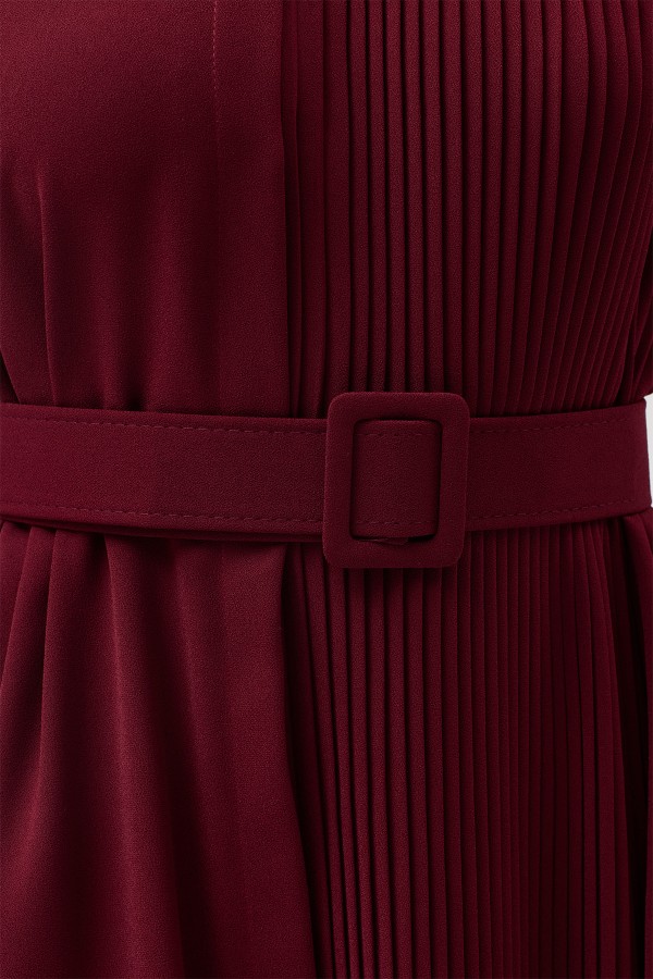 Pleated Belted Dress - Burgundy