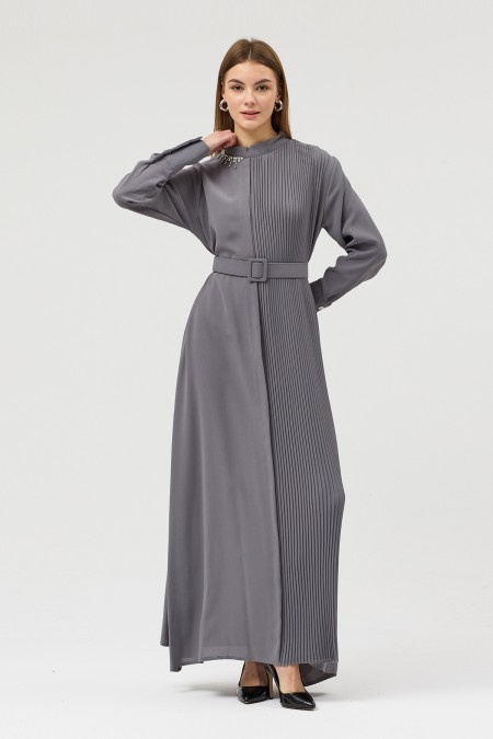 Pleated Belted Dress - Grey
