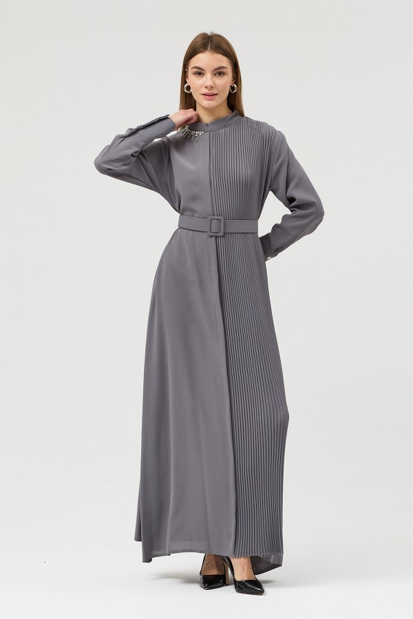 Pleated Belted Dress - Grey