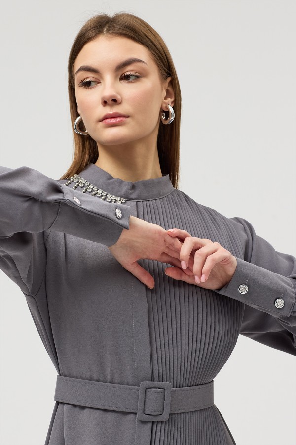 Pleated Belted Dress - Grey