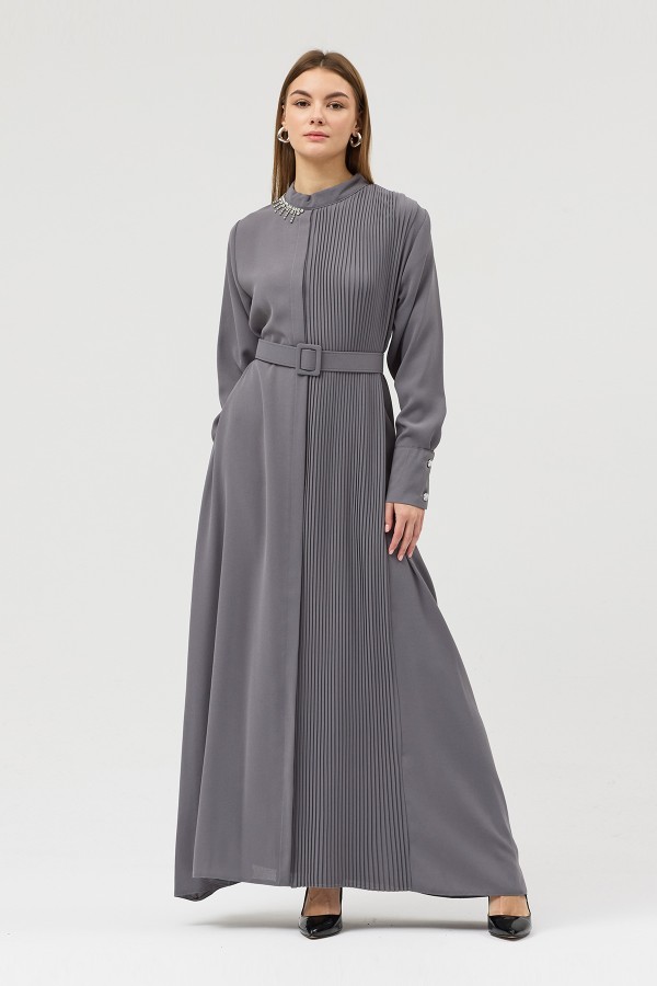 Pleated Belted Dress - Grey