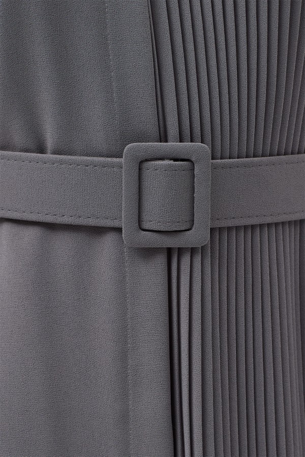 Pleated Belted Dress - Grey