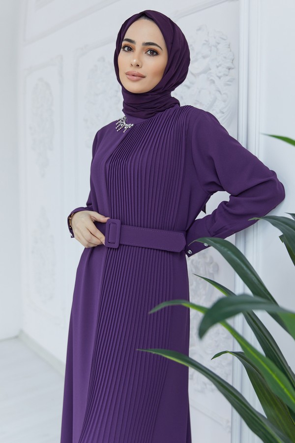 Pleated Belt Dress - Purple