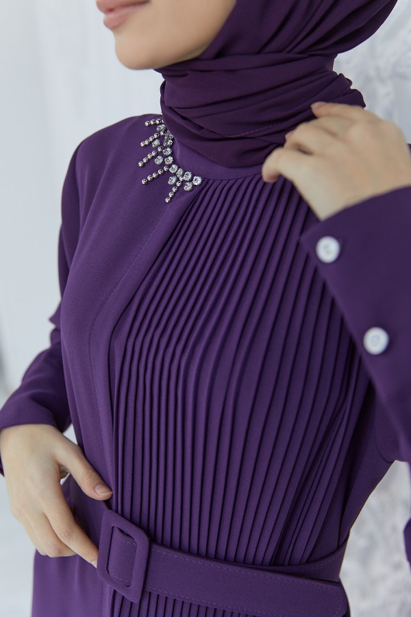 Pleated Belt Dress - Purple