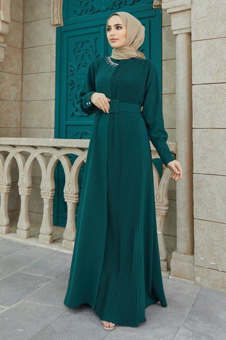 Piliseli Kemerli Elbise - Zümrüt
