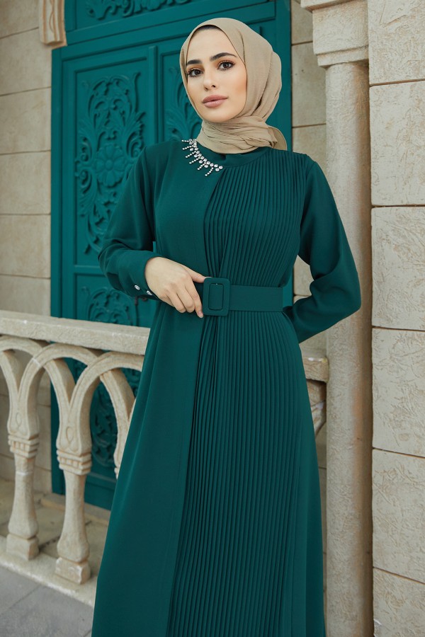 Piliseli Kemerli Elbise - Zümrüt