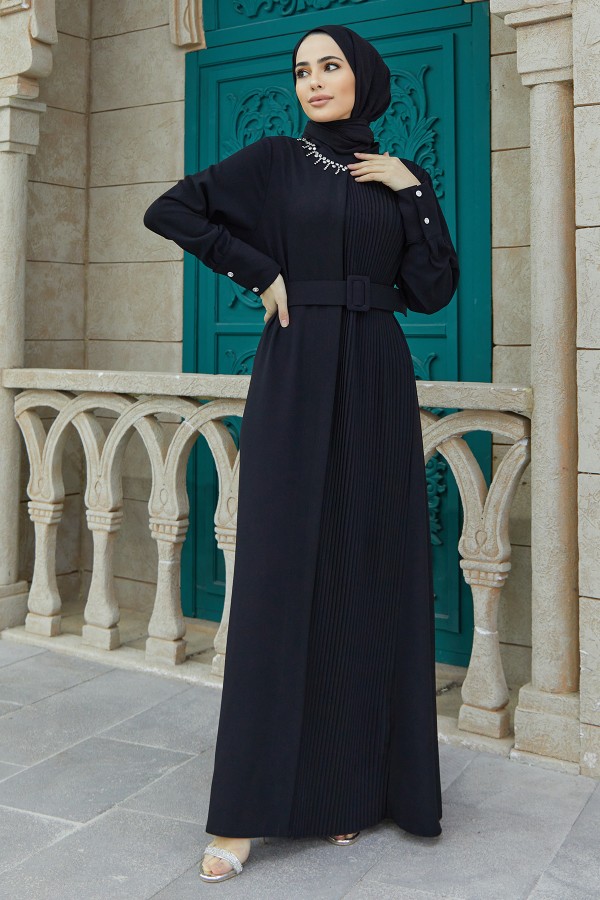 Piliseli Kemerli Elbise - Siyah