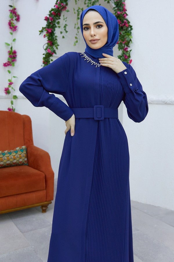 Piliseli Kemerli Elbise - İndigo
