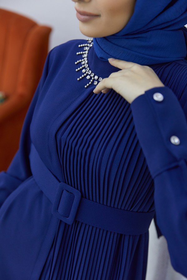 Piliseli Kemerli Elbise - İndigo