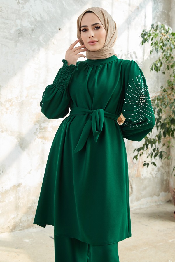 Kolları Taş İşlemeli Takım - Zümrüt