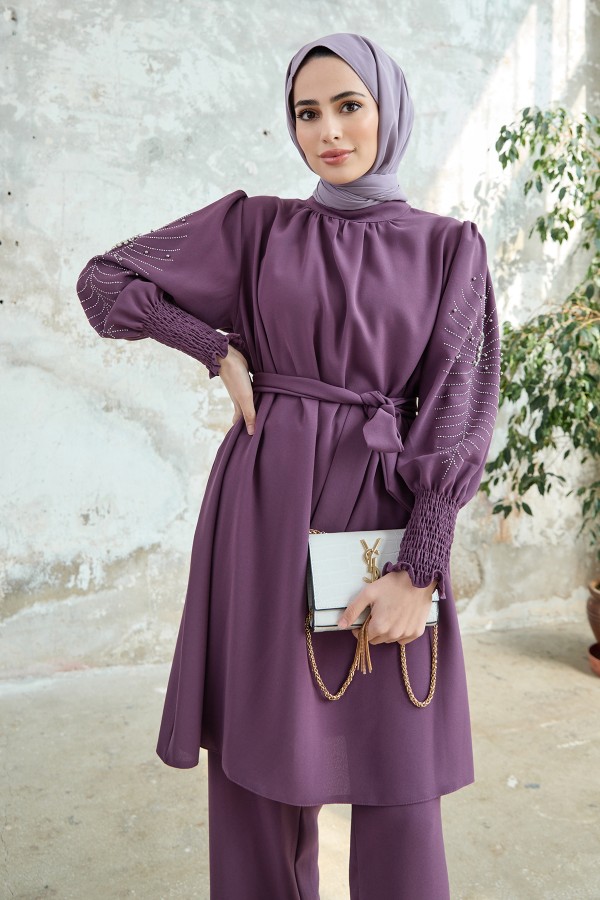 Kolları Taş İşlemeli Takım - Leylak