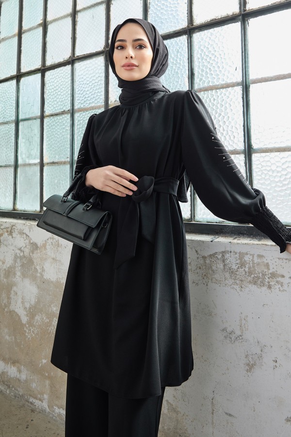 Kolları Taş İşlemeli Takım - Siyah