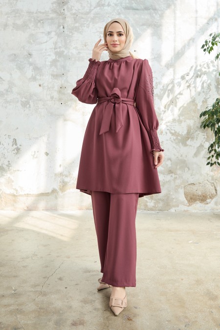 Set with Stone Embroidered Arms - Dried Rose