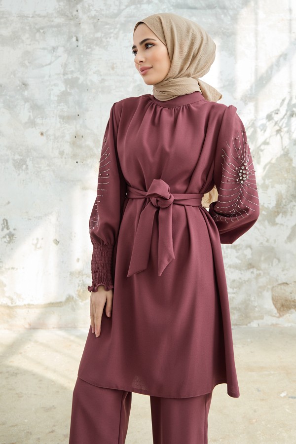 Set with Stone Embroidered Arms - Dried Rose