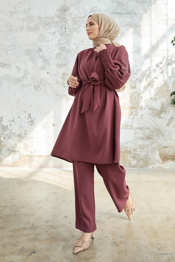 Kolları Taş İşlemeli Takım - Gül Kurusu