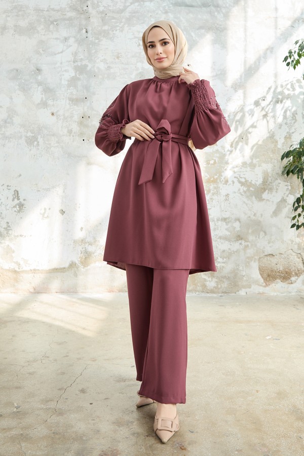 Kolları Taş İşlemeli Takım - Gül Kurusu