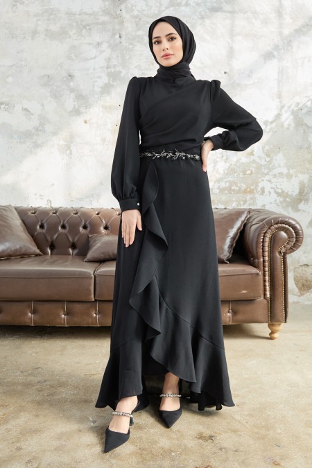 Eteği Volanlı Abiye - Siyah