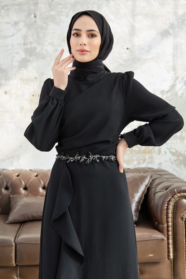 Eteği Volanlı Abiye - Siyah