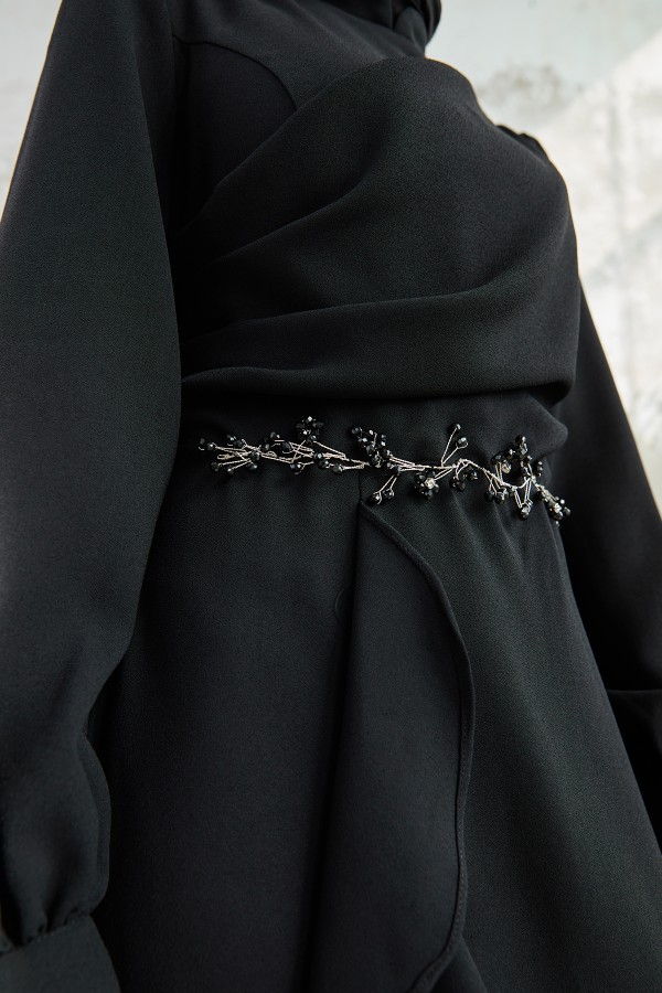 Eteği Volanlı Abiye - Siyah