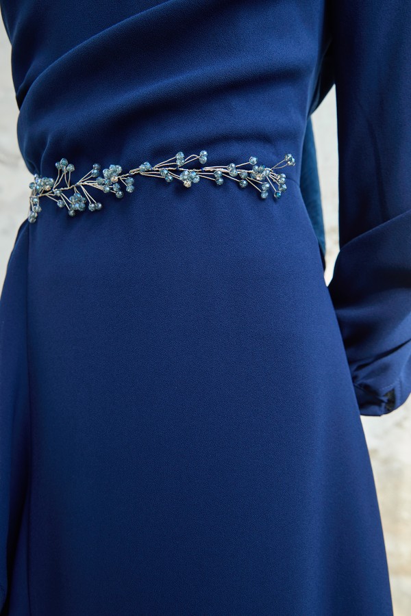 Eteği Volanlı Abiye - İndigo