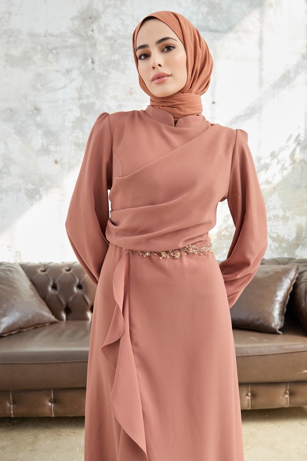 Eteği Volanlı Abiye - Camel
