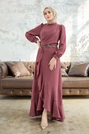 Evening Dress With Flared Skirt - Dried Rose