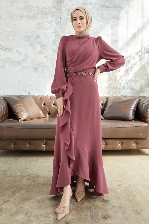 Eteği Volanlı Abiye - Gül Kurusu